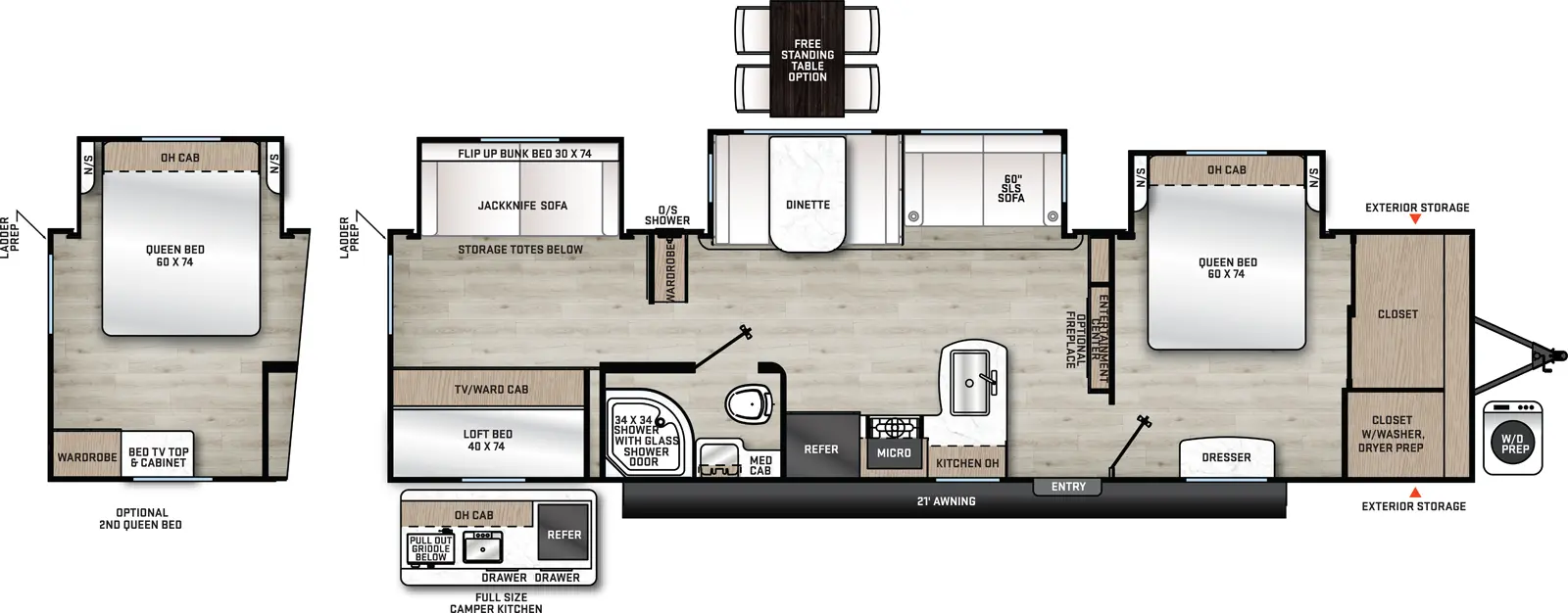 The 34BHTS has 3 slide outs all on the off-door side with 1 entry door. Exterior features include outside shower and exterior storage on the off-door side, standard full size camp kitchen on the door side with sink, grill, drawers, overhead cabinets and refrigerator, 21 foot awning and front exterior storage. Interior layout from front to back include: front bedroom with 60x74 Queen bed in an off-door side slide out, front closets with washer/dryer prep, dresser across from foot of bed; living/kitchen area with rear facing entertainment center, standard fireplace and pantry; off-door side slide out holding a dinette and sofa; door side kitchen with refrigerator, overhead microwave, stovetop, overhead cabinet, peninsula countertop with double basin sink; door-side side aisle bathroom with 34x34 shower with glass door, toilet, sink and medicine cabinet; pantry/wardrobe across from bathroom; rear bunk house with door side loft bed over TV/Wardrobe and off-door side slide out with cube sofa and flip up bunk bed.